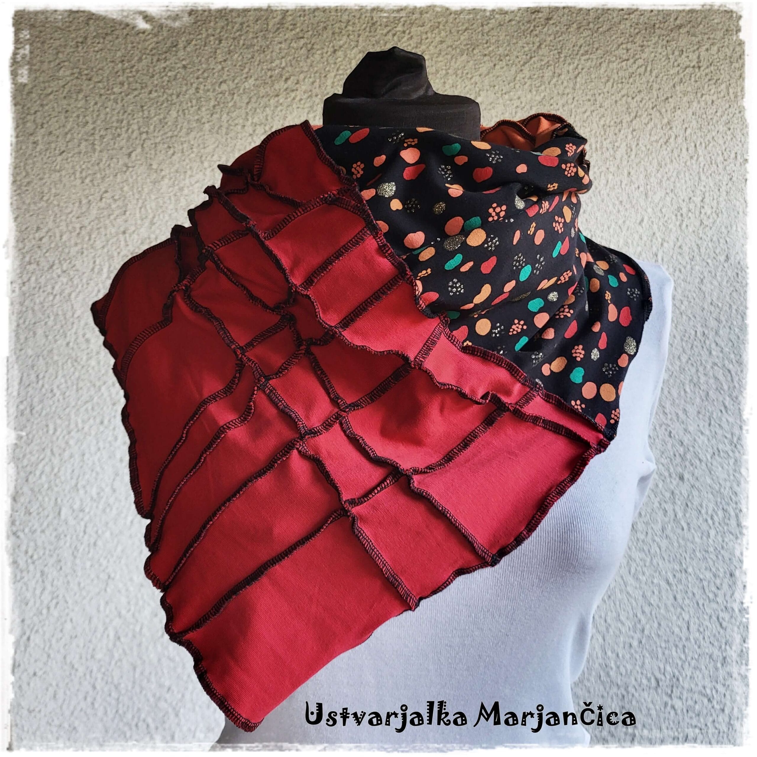 Unikaten črno-rdeče-oranžen šal z vzorcem - slika 2