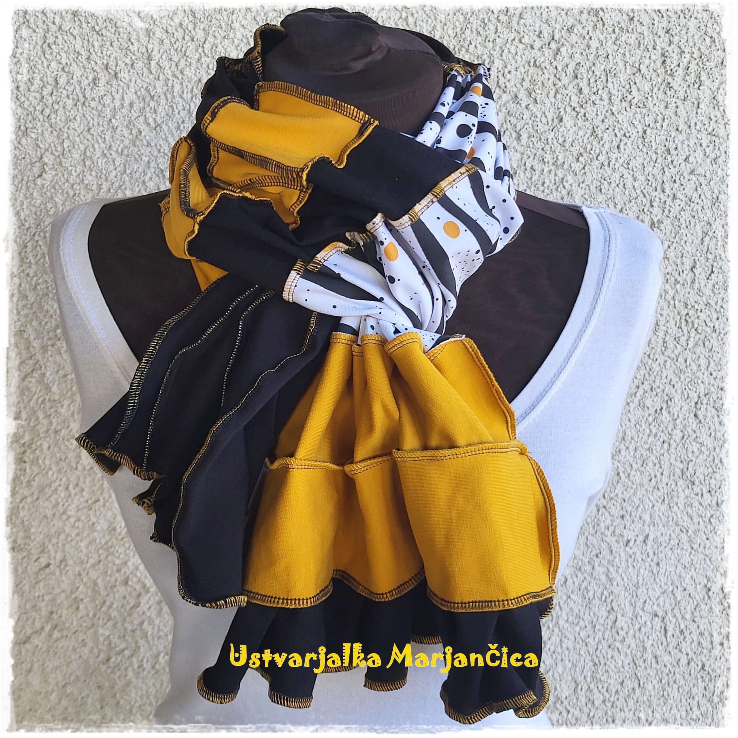 Unikaten šal črno-rumeno-bel s pikami